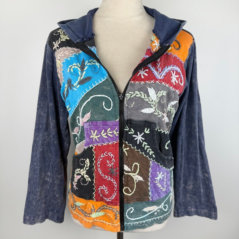 Rising International Women Patchwork Hand Embroidered Zip Up Hoodie Acid Wash L